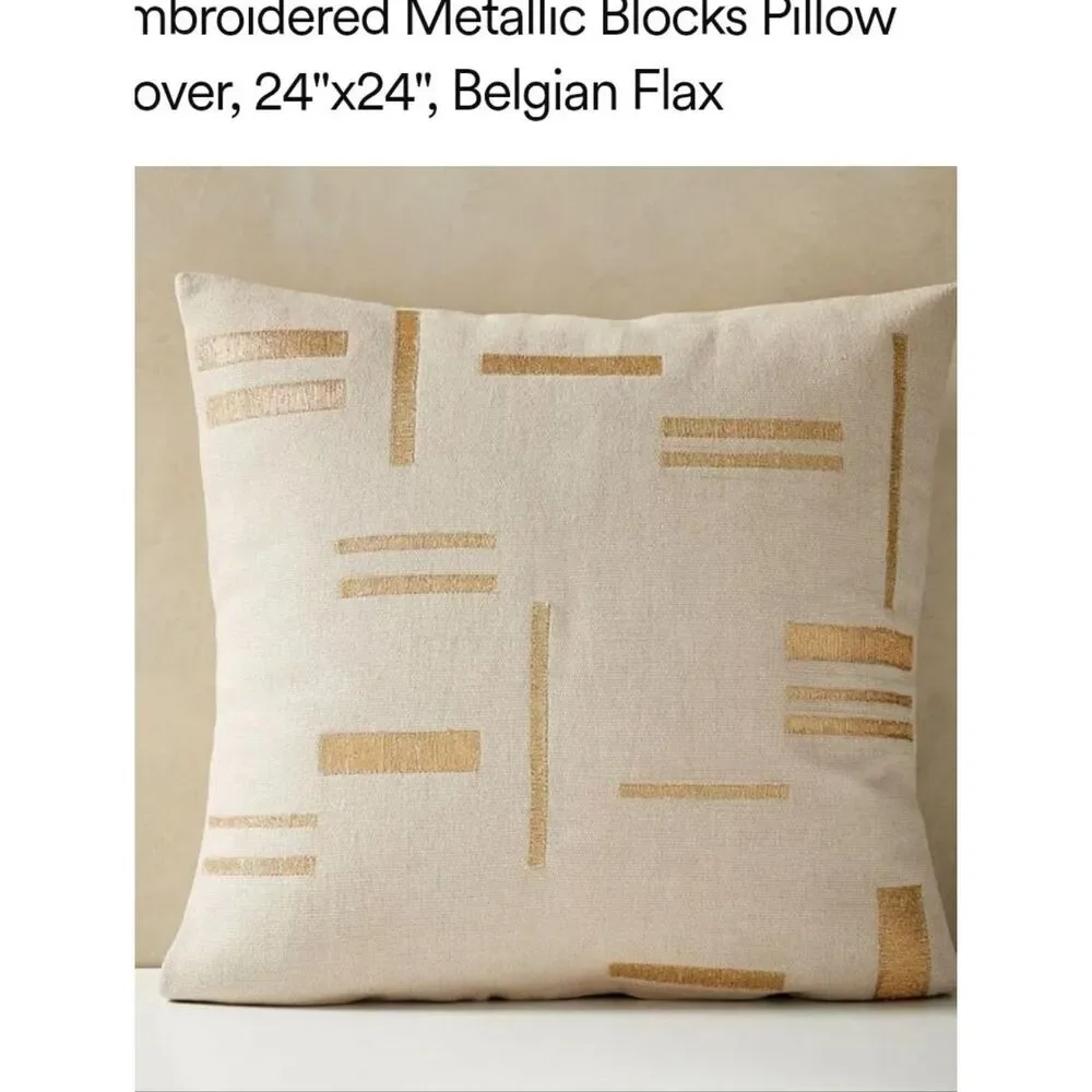 Lot Of 4 West Elm Embroidered Metallic Pillow Cover Belgian Flax Jute Linen Gold